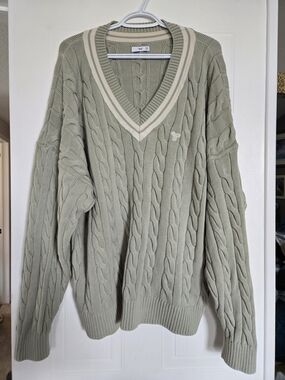 TNA Sage Green Cable-Knit V-Neck Sweater with Cream Trim